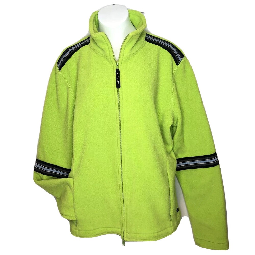 Athleta Fleece Jacket Women's Sz L/XL LIME Green Fitted Full Zip Stripe Accent
